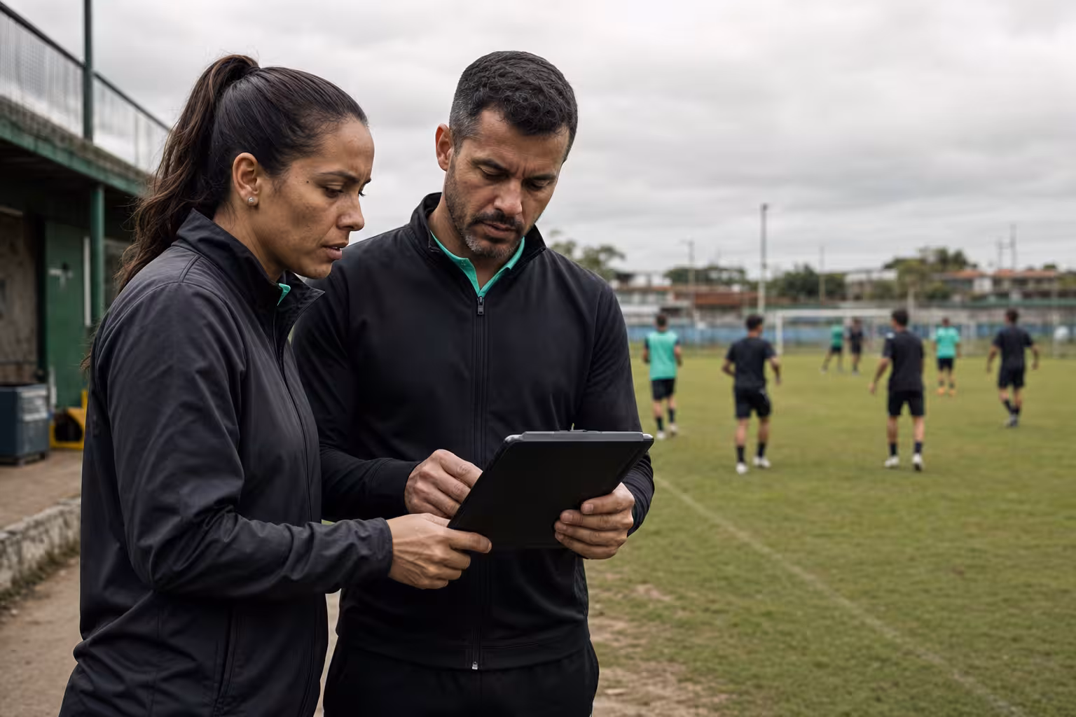 Técnicos analisando atletas em um campo de treinamento